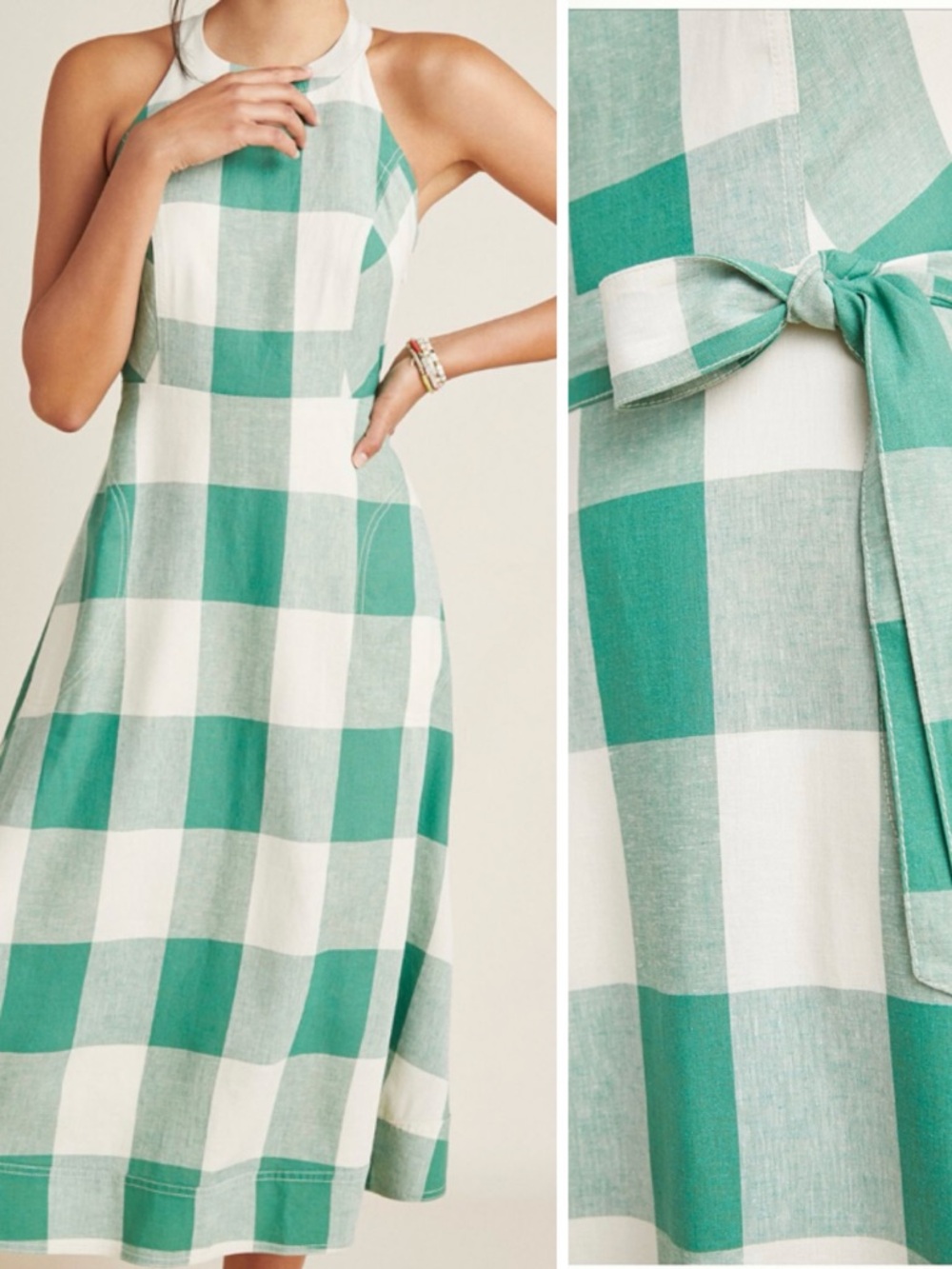 Anthropologie Maeve Greta Gingham Halter Midi Dress Green White Check NWOT 12 - Picture 2 of 16